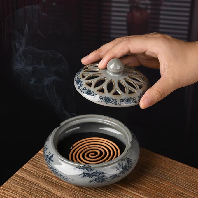 Ceramic Incense Burner with Holder for Stick/Coil Incense,Sage Cones and Mosquito Incense Handmade Smudging Burn Bowl for Cleansing Negative Indoor Energy and Other Incense Rituals, Cyan - Bloomnest
