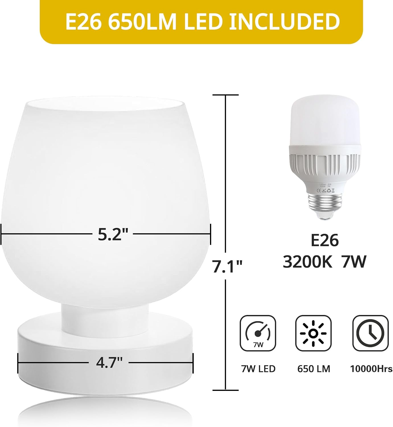Touch Bedside Lamp, Mini Stepless Dimmable Table Lamps for Bedroom for Night Stands, Small Desk Lamp with Brightness Memory, USB Charging Ports, Warm LED Bulb, White, Round Shape, 1 Set