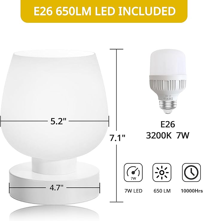 Touch Bedside Lamp, Mini Stepless Dimmable Table Lamps for Bedroom for Night Stands, Small Desk Lamp with Brightness Memory, USB Charging Ports, Warm LED Bulb, White, Round Shape, 1 Set - Bloomnest