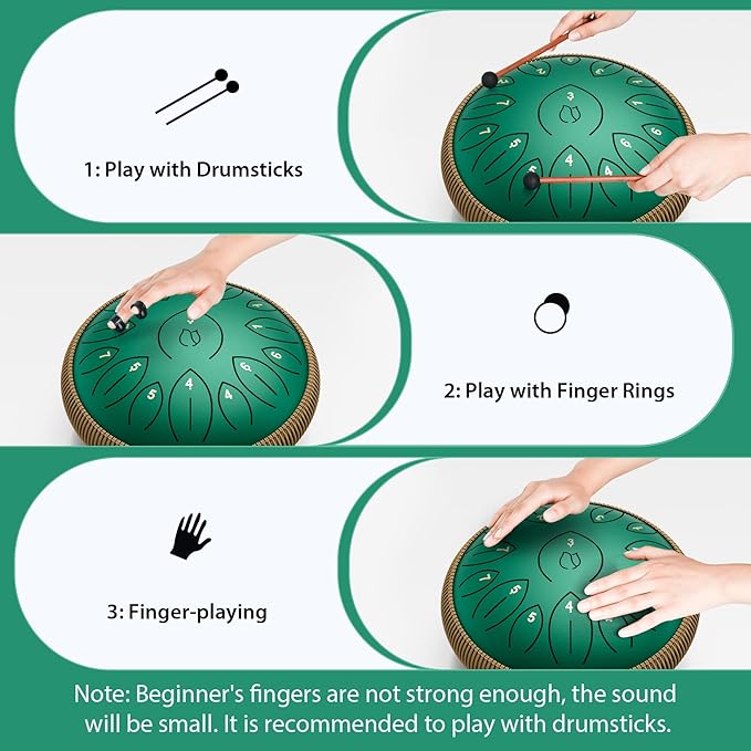 Steel Tongue Drum 12 Inch 15 Notes, Steel Drums Instruments for Kids Adults, Hand Pan Drum with Music Book, Drum Mallets and Carry Bag, Handpan C Major, Green - Bloomnest