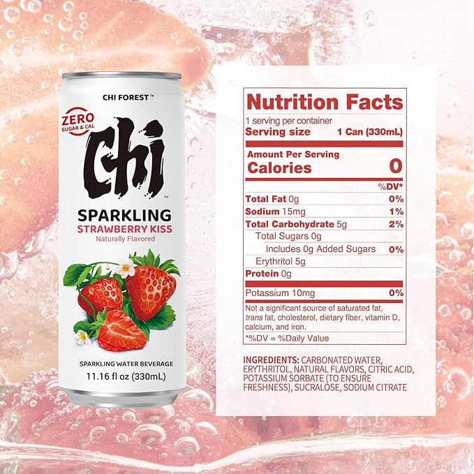 CHI FOREST Strawberry Sparkling Water Beverage, Zero Sugar Drinks, Zero Artificial Flavor, 11.16 fl oz Cans (Pack of 24) - Bloomnest