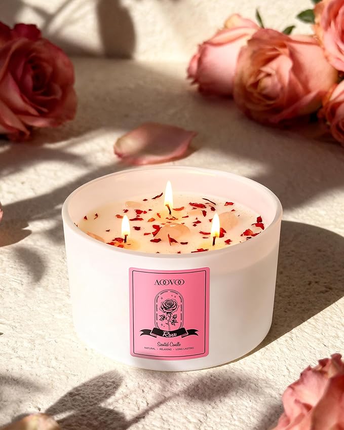 AOOVOO Rose Scented Candles for Women - 20oz 3 Wick Soy Candles for Home Scented, Aromatherapy Candle with Crystals Inside, Birthday Gifts Christmas Candle for Women Mom - Bloomnest