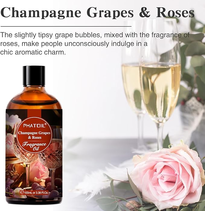 PHATOIL Champagne Grapes & Roses Fragrance Oils for Aromatherapy, 3.38FL.OZ Diffuser Oils for Home, Perfect for Aromatherapy, Humidifiers, Yoga, DIY Candle and Soap Making - 100ml - Bloomnest