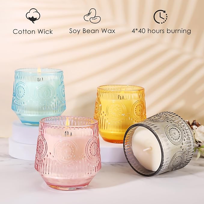 4 Pack Luxury Scented Candles Gift Set - 7oz Soy Wax Candles in Glass Jars, Gifts for Women - Vanilla Coconut, Eucalyptus Sage, Rose Oud, Sandalwood Patchouli - Bloomnest