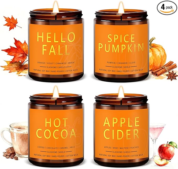 Fall Candles Set | 4 Pack Candles for Home Scented Natural Soy Wax, Autumn Gifts Set for Women Men, Fall Fragrance of Hellofall, Spice Pumpkin, Apple Cider, Hot Cocoa - Bloomnest