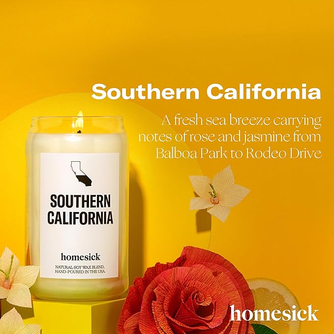 Homesick Scented Candles for Home (Southern California) - 13.75 oz Long-Lasting Soy Wax Jar Candle for Women & Men for All Occasions, 60-80 Hours Burn Time - Notes of Orange, Lemon & Rose - Bloomnest