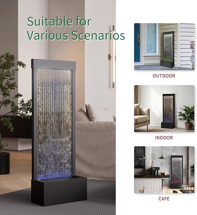 LONGRUN Mirror Waterfall Fountain Indoor Water Feature, 48" Water Features Home Decor with 7 Colors Light, Self Contained LED Water Feature Kit, Large Waterfall Fountain for Indoor - Mirrored Silver - Bloomnest