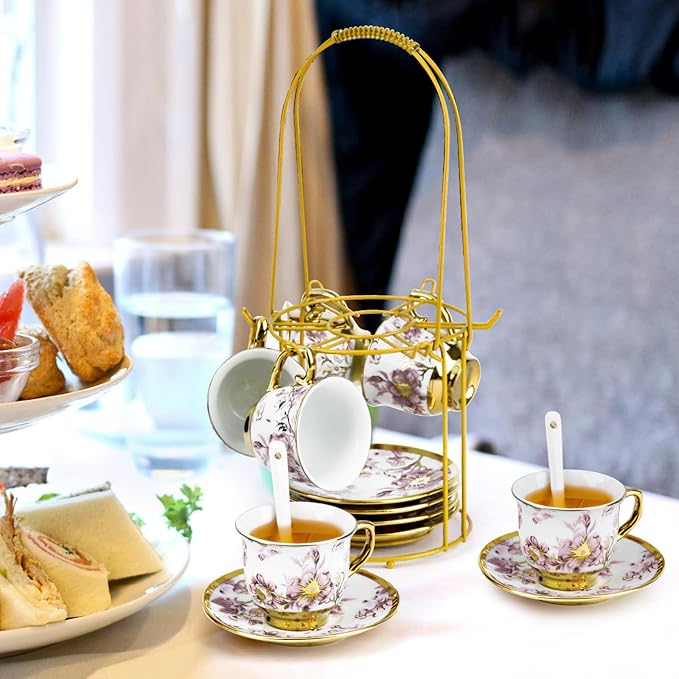 20 Pcs Porcelain Tea Set with Metal Holder, European Ceramic Tea Set for Adults, Adult Tea Set Gift, Flower Tea Cup Saucer Set for Party With Gold Flower Painting (Elegant Purple) - Bloomnest
