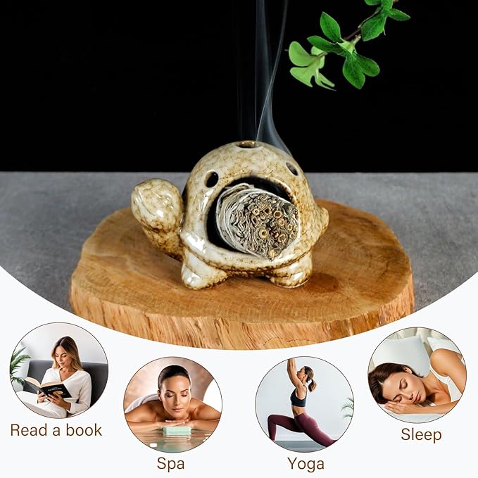 Handcrafted Brown Ceramic Turtle Mini Chiminea Palo Santo Burner Holder ，for Burning Sage、Cone Incense、Copal&Small Candle，Thoughtful Gifts for Meditation, Yoga, Aromatherapy Altar、Zen Spaces MOUGIGI