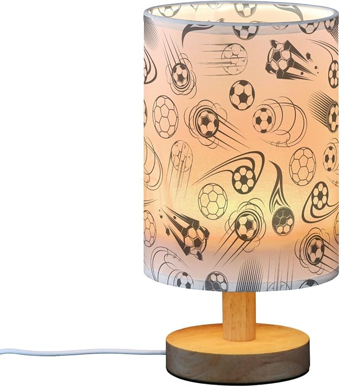 Table Lamp Black and White Soccer Ball Sport Theme American Football Pattern Nightstand Lamp with Wood Base Fabric Lamp Shade Bedside Desk Lamp for Living Room Bedroom Kids Room Office - Bloomnest