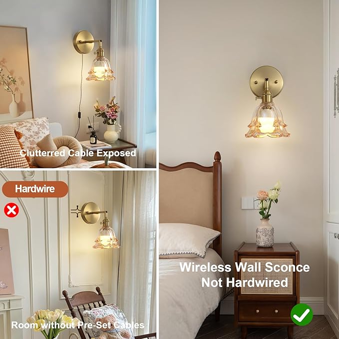 2 Pack Vintage Battery Operated Wall Sconces, Rose Amber Lampshade & 180 Degree Adjustable, Wireless Rechargeable RGB Wall Light with Remote Control, for Bedroom Living Room Hallway Aisle - Bloomnest