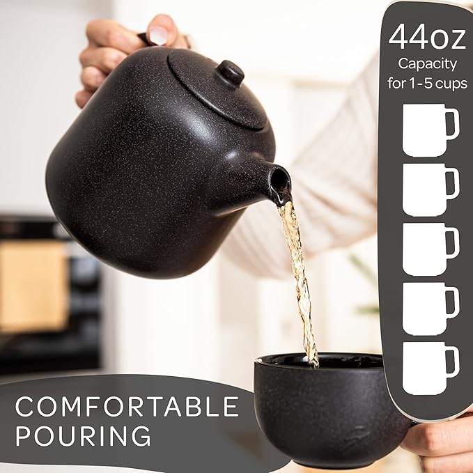 Steinzeit Design Tea Pot with Warmer (44 oz) - Premium Ceramic Teapot with Infuser for Loose Tea - Black Teapot Ceramic with Removable Steamer - Bloomnest