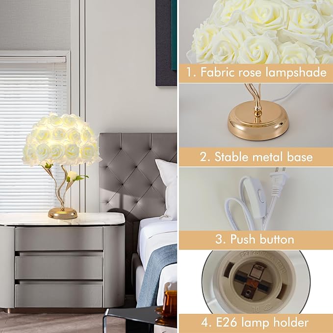 White Flower Lamp Beautiful Rose Bedside Lamp Romantic Bouquet Night Light Rose Flower Table Lamps for Princess Girl Wedding Birthday Christmas Valentine Bedroom Livingroom Office Deco - Bloomnest