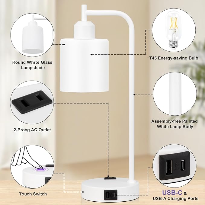 Innqoo Industrial White Table Lamps for Bedrooms Set of 2-3-Way Dimmable Desk Lamp with USB C+A Ports and Outlet, White Lamps with Opal Glass Shade for Living Room - Bloomnest