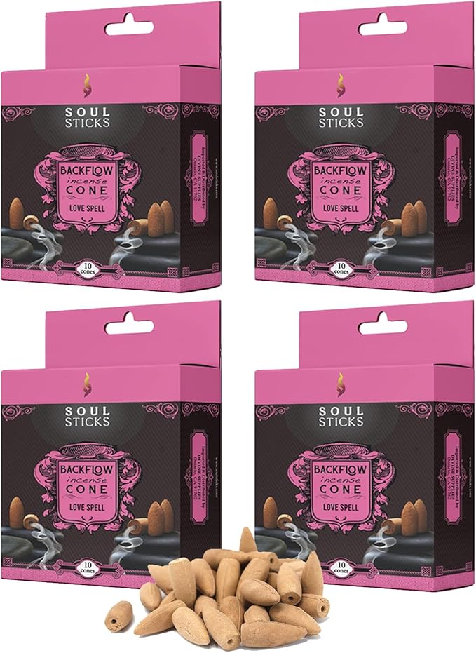 Soul Sticks Backflow Incense Cones – 40 Handmade Organic Cones for Waterfall Burner | 4 Pack Long Lasting Aromatic Scents | Thick White Smoke Incense for Meditation, Yoga & Gifts (Love Spell) SoulSticks