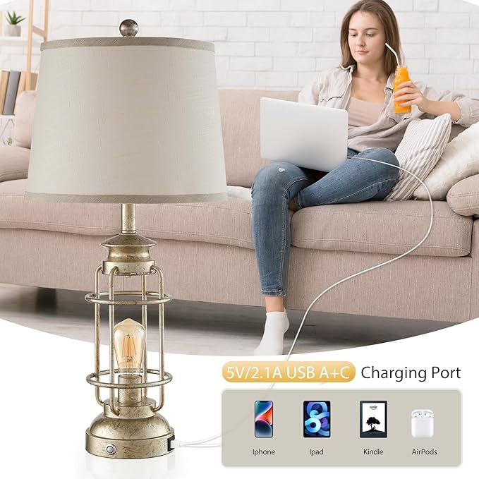 28.5" Retro Industrial Table Lamp for Living Room Bedroom Set of 2 Dimmable Touch Control Bedside Farmhouse Lamps with USB A+C Charging Ports and 2 Light Sources - Bloomnest