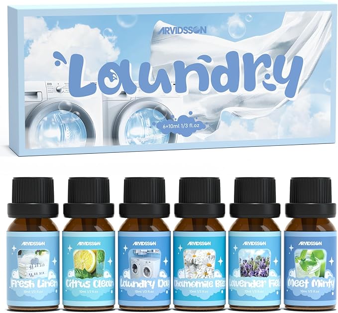 ARVIDSSON Laundry Collection Essential Oil Set, Natural Clean Essential Oils for Diffuser, Use with Wool Dryer Balls - Fresh Linen, Citrus Clean, Laundry Day, Chamomile Bliss, Lavender Field, Minty - Bloomnest