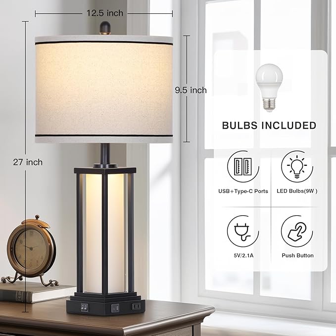 27" Tall Vintage Table Lamp with USB C+A & Outlet,Black Industrial End Table Lamp for Living Room,Farmhouse Rustic Bedside Lamp with Frosted Glass Night Light for Bedroom Nightstand,Black-1P - Bloomnest