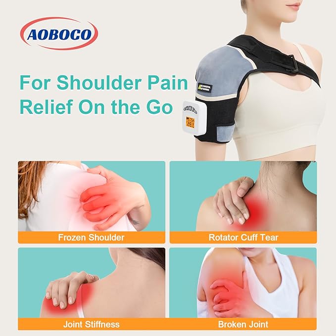 AOBOCO Cordless Shoulder Heating Pad with Vibration, 5000mAh Rechargeable Shoulder Massager for Rotator Cuff Pain Relief, Portable Heated Shoulder Brace Wrap, 104℉-140℉ Heat Levels, 3 Vibration Modes - Bloomnest