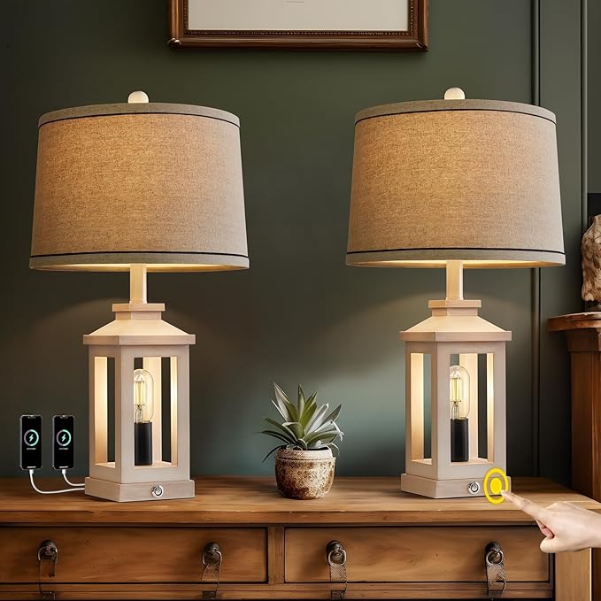 23.75" Retro Farmhouse USB C+A Ports Table Lamp Set of 2 with 3 Way Dimmable Touch Control White Nightlight Vintage Modern Lamp for Living Room Bedroom with 2 Light Sources - Bloomnest