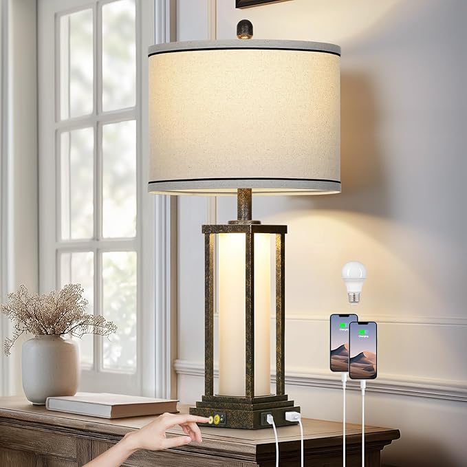 27in Tall Farmhouse Table Lamp with USB C+A & Outlet,Bronze Industrial End Table Lamp for Living Room,Vintage Rustic Bedside Lamp with Night Light for Bedroom Nightstand,Single Bronze - Bloomnest