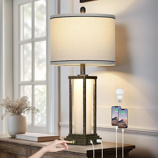 27in Tall Farmhouse Table Lamp with USB C+A & Outlet,Bronze Industrial End Table Lamp for Living Room,Vintage Rustic Bedside Lamp with Night Light for Bedroom Nightstand,Single Bronze - Bloomnest