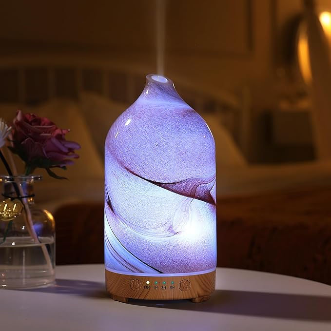 Essential Oil Diffuser Hand Blown Glass Aromatherapy Diffuser - Ultrasonic Cool Mist Scent Aroma Diffuser, Whisper Quiet with Auto Shut-Off, Timer Setting &7 Colors Night Light for Home - Bloomnest