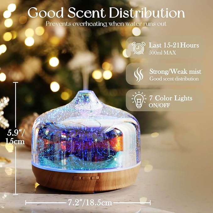 Porseme 500ml Essential Oil Diffuser 3D Glass Aromatherapy Ultrasonic Humidifier - Auto Shut-Off, BPA Free for Home Hotel Yoga Gift - Bloomnest