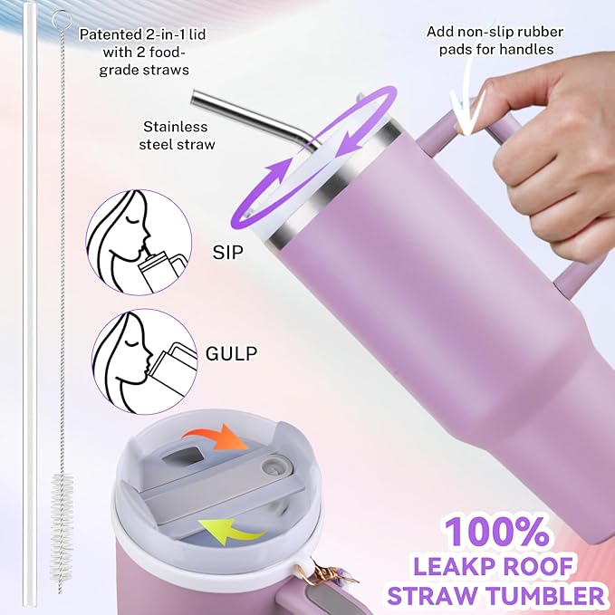 40 oz Tumbler Insulated Mug w/Straw & Flip Cap Lids - Cup Holder Bottle with 6 Accessories Set for Hot, Cold Drink - Leak-Proof - Water, Coffee Portable Travel Mug (Lupine Purple) - Bloomnest