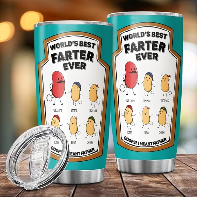 World’s Best Farter Ever Tumbler, 20oz or 30oz Personalized Insulated Stainless Steel Mug, Funny Gift for Dad from Kids, Custom Cartoon Beans with Names, Father’s Day Joke Travel Cup - Bloomnest