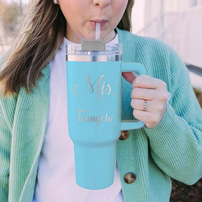 Personalized Tumbler with Handle, Custom 40oz Insulated Stainless Steel Travel Mug Coffee Cup with Engraved Name and Straw Lid, Personalized Gifts for Women Men Him Her (blue-31) - Bloomnest