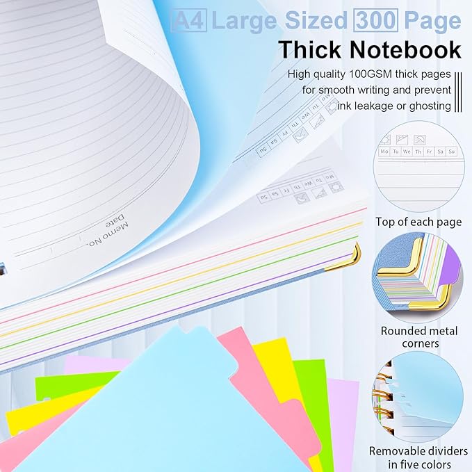 Hardcover Spiral Notebook 8.5"x11" Journal Notebook with Tabs and Removable Dividers 300 Pages 5 Subject Notebook College Ruled, Faux Leather Spiral Bound Notebook for Women School Work (Lake Blue) - Bloomnest