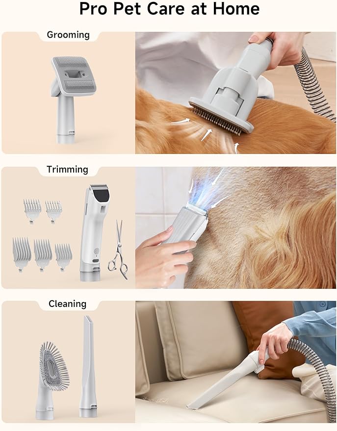 Hicozy S1+ Dog Grooming Vacuum, 12000Pa Minimum 50dB Quiet Dog Vacuum for Shedding Grooming with 2L Dust Cup, 6 Professional Pet Accessories with Clippers, Gray - Bloomnest