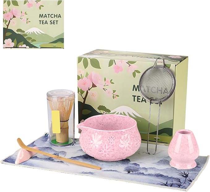 Matcha Whisk Set, 7 Pcs Matcha Kit Includes Matcha Bowl, Whisk and Holder, Bamboo Scoop, Scoop Rest, Sifter and Tea Towel, Gift for Matcha Lover (Pink) - Bloomnest