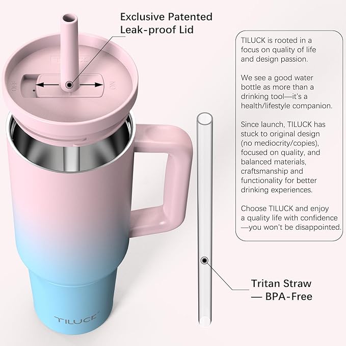 TILUCK 40 oz Tumbler with Handle, Vacuum Insulated Stainless Steel Travel Mug with 100% Leak-Proof Silicone Straw Lid, Cupholder Friendly Water Bottle(PinkBlueGradient, 40oz) - Bloomnest