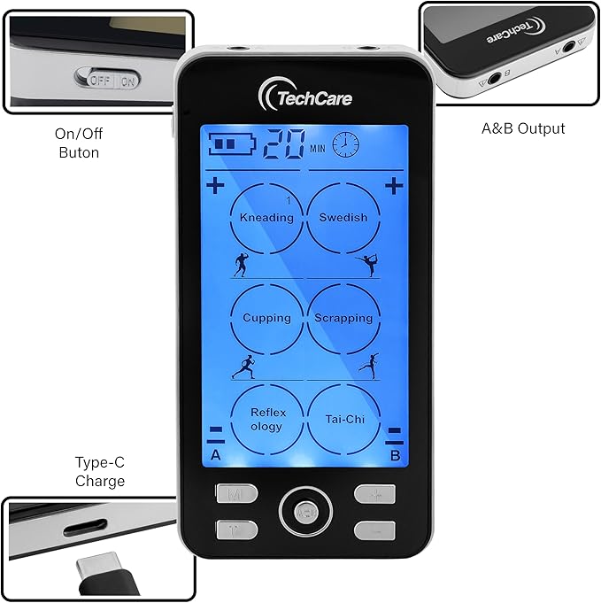 TechCare TENS EMS Muscle Stimulator – Dual Channel Rechargeable Unit with 24 Modes & 20 Intensity Levels for Pain Relief, Back & Sciatica Therapy, Muscle Recovery & Massage TechcareMassager