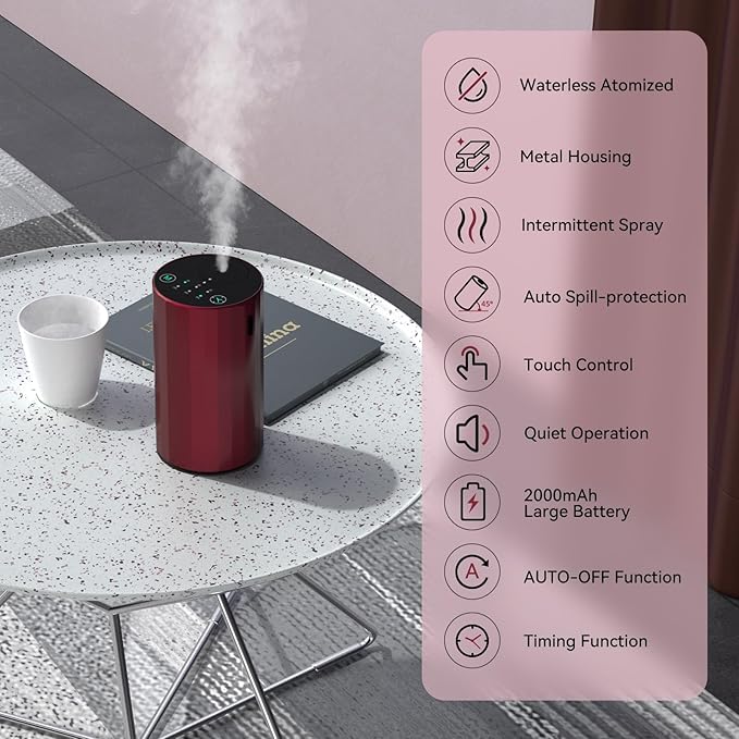 Waterless Essential Oil Diffuser Aromatherapy Scent Diffusers for Home Large Room, Bedroom, Car, Office, Desk, Battery Operated Mini Portable Air Freshener (red) - Bloomnest