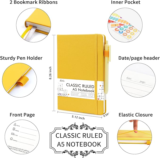 12 Pack Notebooks Journals Bulk with 12 Black Pens, Feela A5 Hardcover Notebook Classic Ruled Journal Set with Pen Holder for School Business Work Travel Writing, 120 GSM, 5.1”x8.3”, Yellow - Bloomnest