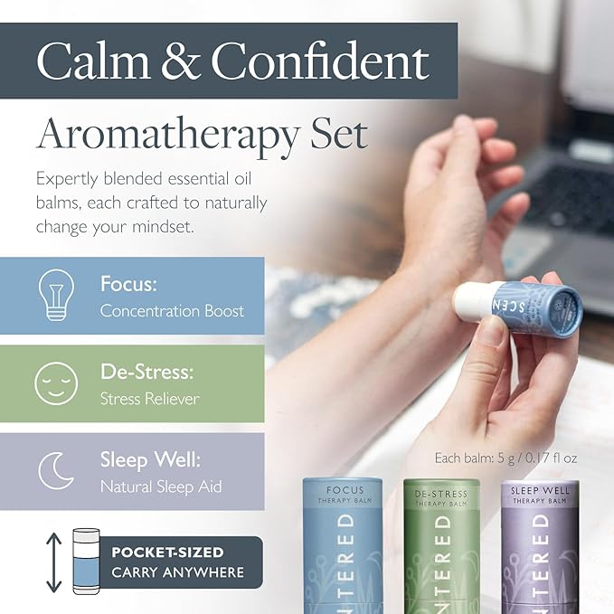 Scentered Aromatherapy Balm Gift Set - Calm & Confident - Pack of 3 Balms: Sleep Well, De-Stress, Focus - Rosemary, Cedarwood, Lavender Essential Oils - Aromatherapy Gifts for Women - Bloomnest