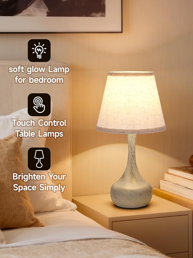 Touch Table Lamp for Bedroom Set of 2, Farmhouse 3-Way Dimmable Bedside Lamps for Nightstand with Fabric Shade - Bloomnest