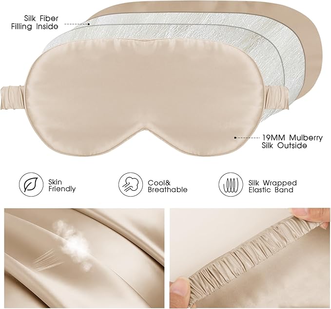 Soft Real Silk Light Blocking Cooling Sleep Eye Mask for Women/Men/Travel/Airplane,Beige - Bloomnest