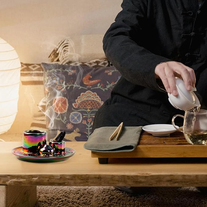 4 in 1 Ceramic Incense Holder, Palo Santo Stick Holder, Sage Holder for Burning, 5.2" Ash Catcher Tray for Meditation, Yoga & Home Decor (Colorful)