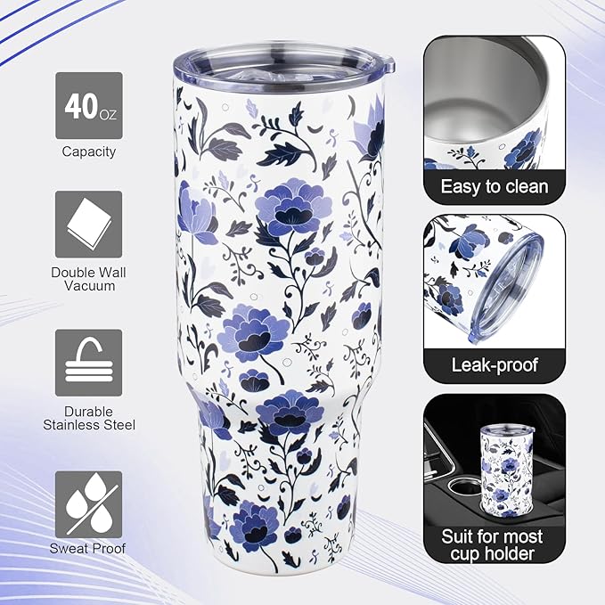40 oz Tumbler with Lids and Straws Double Wall Insulated Tumbler Cup,Stainless Steel Vacuum Tumbler Powder Coated Travel coffee Mug for Cold and Hot Drinks,Blue and White Porcelain - Bloomnest