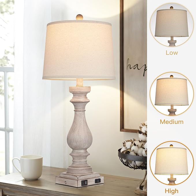 29" Tall Table Lamp for Living Room Set of 2,Vintage Bedside Nightstand Lamps with USB C+A Ports & AC Outlet,3-Way Dimmable Touch Control Desk Lamp for Bedroom,Color 2 - Bloomnest