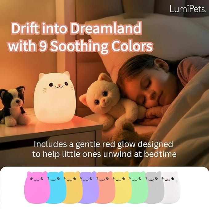 Lumipets Clive The Cat Squishy Silicone Night Light for Kids | Cute Night Light with Remote & Touch Control for Baby & Toddler Bedrooms | Color Changing Portable Animal Nightlight | Kids Mood Lamp - Bloomnest