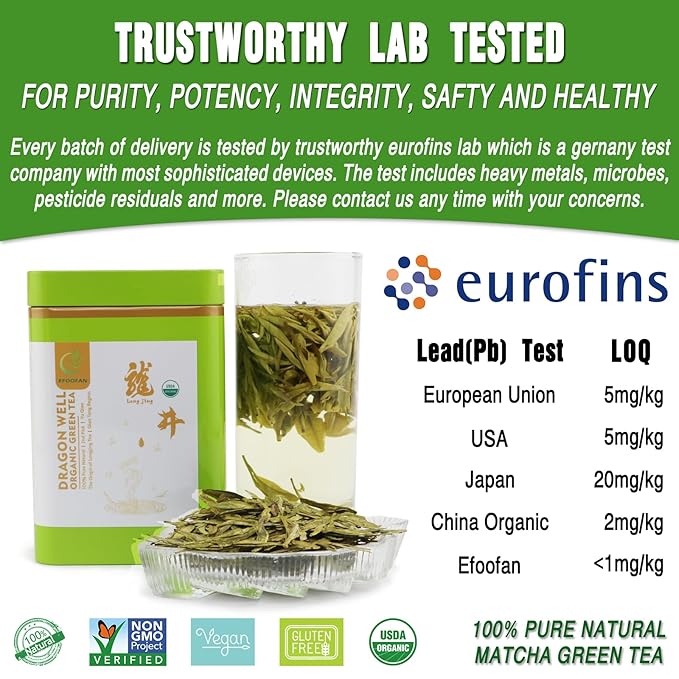EFOOFAN Organic Dragonwell Green Tea Loose Leaf, 3.53oz/100g, USDA/EC Certified, 2nd Pick/YuQian Chinese Tea Leaves, Longjing Cha - Bloomnest
