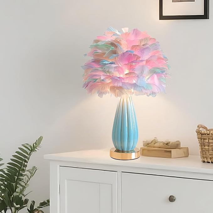 Colorful Feather Lamp Modern Fuzzy Table Lamp Romantic Rainbow Bedside Lamp Nordic Fluffy Princess Nightstand Light for Girl Bedroom Living Room Entry Office Wedding Decor Christmas Gift - Bloomnest