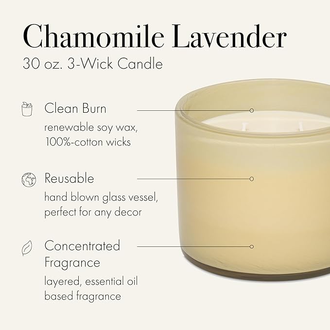 LAFCO New York 3-Wick Candle, Chamomile Lavender - 30 oz - 120-Hour Burn Time - Reusable, Hand Blown Glass Vessel - Made in The USA - Bloomnest