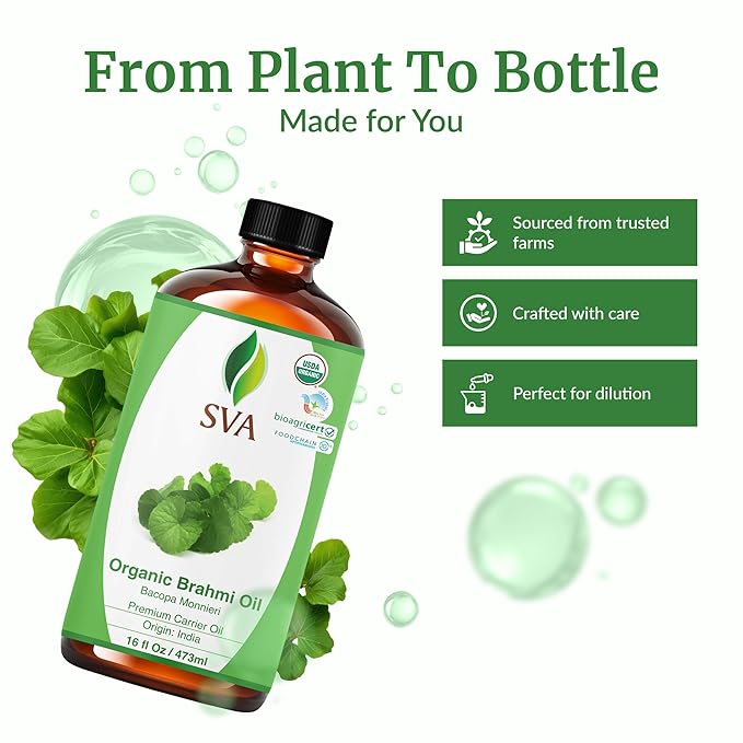 SVA Brahmi Oil Organic - 16 Fl Oz – 100% Natural Cold Pressed Organic Brahmi- for Face, Skin Care, Hair Care, Scalp Massage & Body Massage – Carrier Oil - Bloomnest