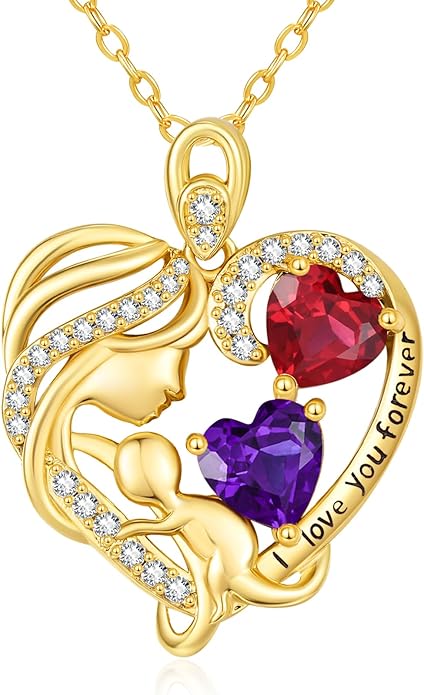 14K Gold Double Birthstone Heart Necklace for Women Mom, Mother Son/Daughter Pendant Necklace for Christmas Mother's Day Birthday Gifts for Wife Daughter Grandmom - Bloomnest